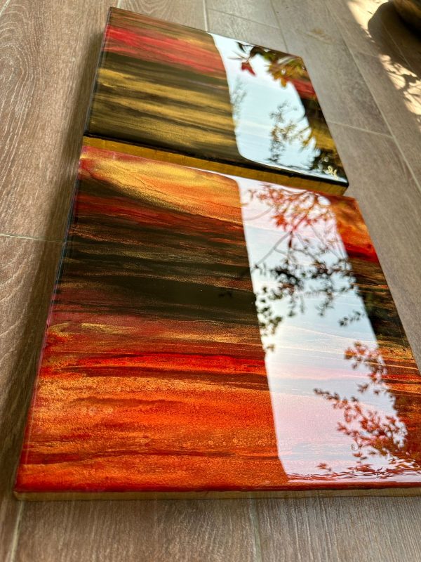 ‘Flaming Sunset’ Resin & Alcohol Ink Paintings on Wood (Set of 2)