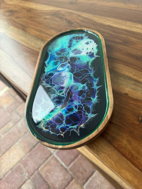 ‘Turquoise Waves’ Wood & Resin Tray