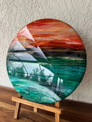 Saffron & Sea, 2025 <br>Resin & Alcohol Inks On Wood