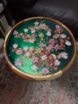 ‘Bougainvillea & Cherry Blossom’ Vibrant Green Solid Wood Table