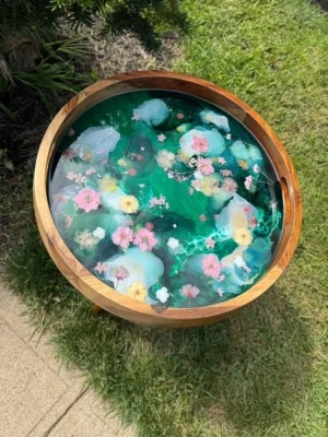 ‘Floating Flowers’ Resin, Ink & Solid Wood Table
